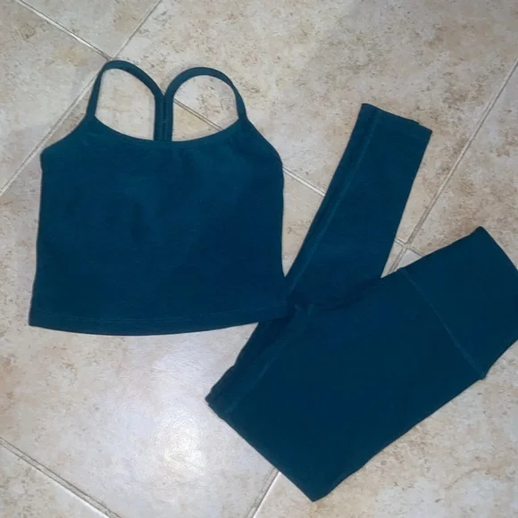 Set Beyond Yoga Spacedye Slim Racerback Cropped Tank & Legging Deep Sea Heather - Picture 5 of 9